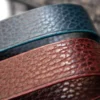 Lychee grain brown and blue leather keychain details