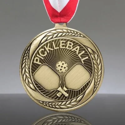 metal gold pickleball medal with ribbon