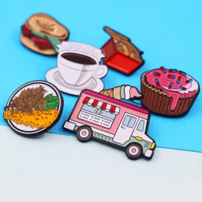 A collection of colorful pins featuring various food and drink items, showcasing a fun and vibrant design.