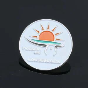 A pin featuring the phrase "Houston Love Never Fails," symbolizing resilience and affection in the Houston community.