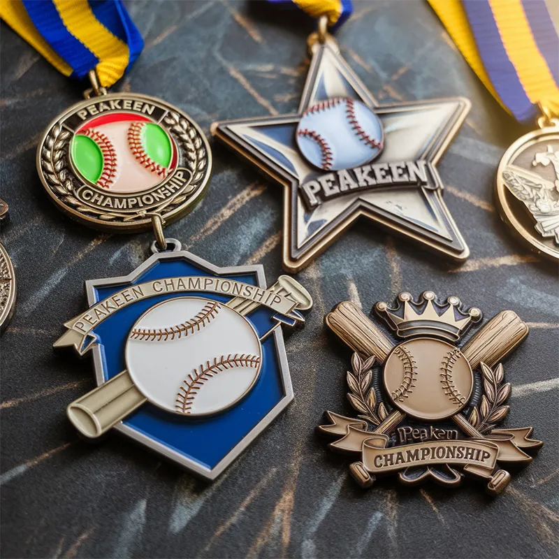 A collection of medals featuring baseballs, bats, and various sports equipment arranged together.