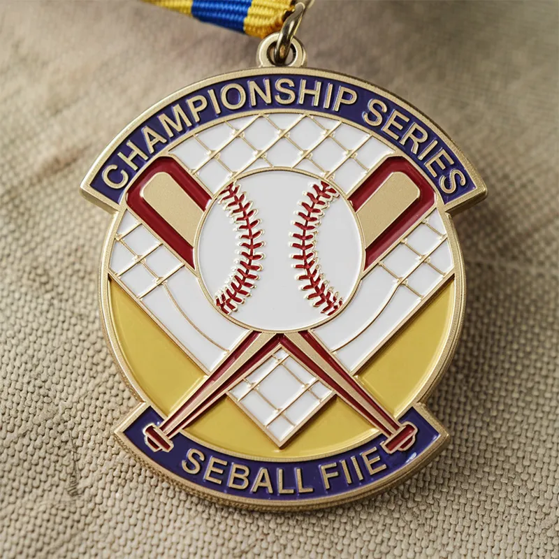 A close-up of a baseball and bat medal set against a soft fabric backdrop, highlighting its intricate design.