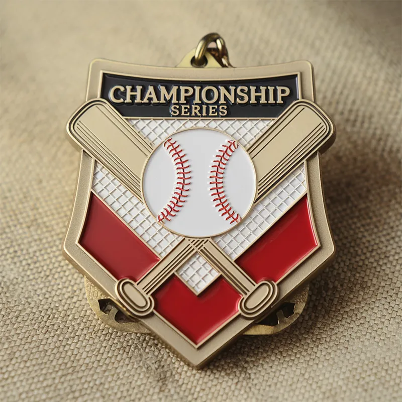 A close-up of a baseball and bat medal set against a soft fabric backdrop, highlighting its intricate design.