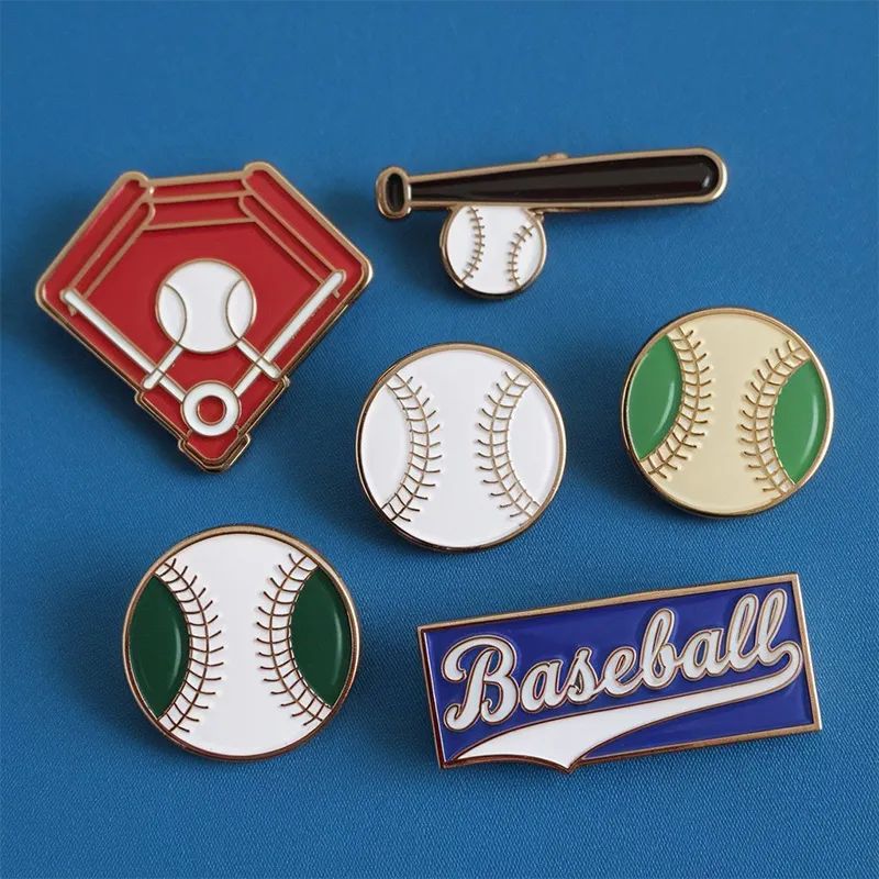 A baseball-themed pin set featuring a pin, bat, and ball, perfect for sports enthusiasts and collectors.