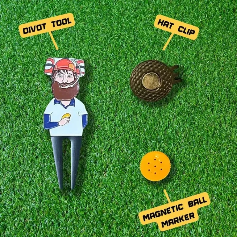 A golf ball marker featuring a man in a hat alongside a golf ball, accompanied by a golf divot tool.