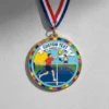 A pickleball medal featuring an engraved image of a tennis player in action.