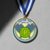A pickleball medal featuring the words "custom text" engraved on its surface.