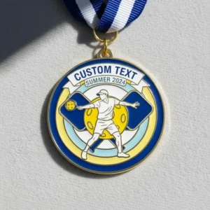 Medal featuring a cartoon man playing pickleball, symbolizing achievement in the sport.