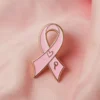 A pink ribbon pin with a heart, signifying love and support for important health and social causes.