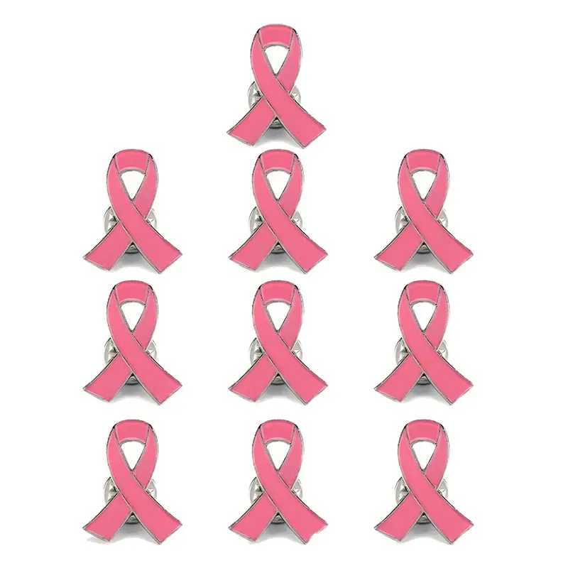 Pink awareness ribbon lapel pin symbolizing support for breast cancer awareness and research initiatives.