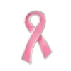 Pink awareness ribbon lapel pin symbolizing support for breast cancer awareness and research initiatives.