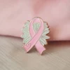 A pink ribbon pin with a heart, signifying love and support for important health and social causes.