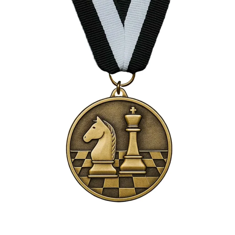 Vintage 3D chess medal featuring a black and white checkered ribbon, symbolizing chess competition achievement.