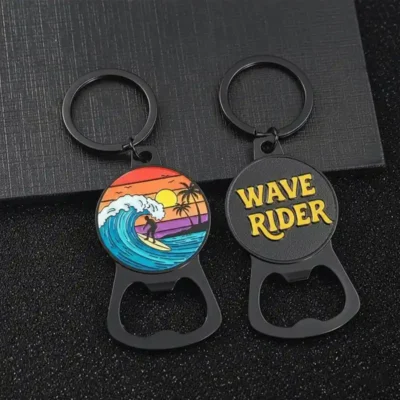 Custom metal bottle opener keychains with colorful surf wave design and Wave Rider logo
