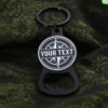 Custom compass logo metal bottle opener keychain with black finish and personalized text, promotional keyring gift