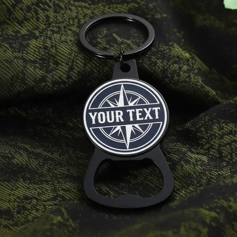 Custom compass logo metal bottle opener keychain with black finish and personalized text, promotional keyring gift