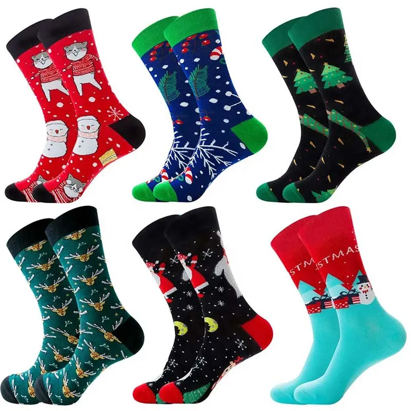 Six pairs of custom Christmas socks featuring various festive designs, perfect for holiday gifting and cozy wear.