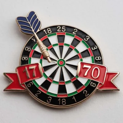 A badge showcasing a pin with a dart at its center, representing a darts theme.