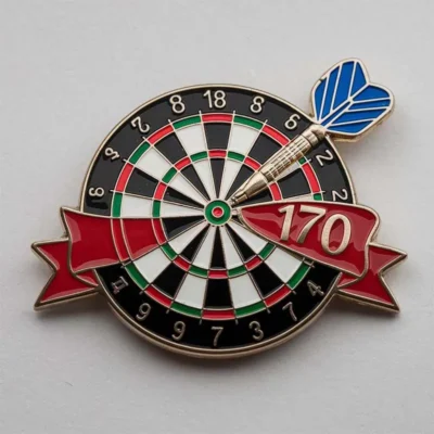 A badge showcasing a pin with a dart at its center, representing a darts theme.