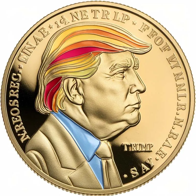 Moneda de oro con la imagen de Donald Trump, que muestra intrincados detalles y un acabado pulido.