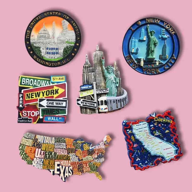 A collection of fridge magnets featuring "New York," "New Jersey," and the Statue of Liberty designs.