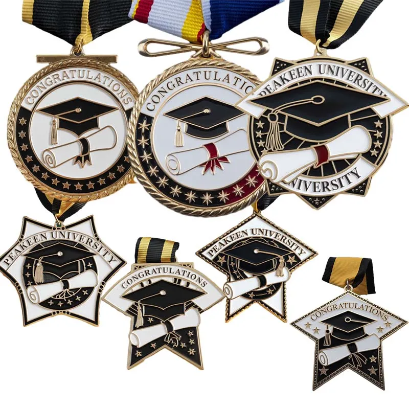 Custom graduation medal featuring a black and gold star design, symbolizing achievement and excellence.