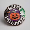 Black and white button featuring the text "Happy Halloween," designed as a custom Halloween pin badge.