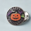Black and white button featuring the text "Happy Halloween," designed as a custom Halloween pin badge.