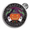 Black and white button featuring the text "Happy Halloween," designed as a custom Halloween pin badge.