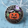 Black and white button featuring the text "Happy Halloween," designed as a custom Halloween pin badge.