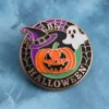 Black and white button featuring the text "Happy Halloween," designed as a custom Halloween pin badge.