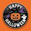 Black and white button featuring the text "Happy Halloween," designed as a custom Halloween pin badge.