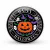 Black and white button featuring the text "Happy Halloween," designed as a custom Halloween pin badge.
