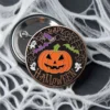 Black and white button featuring the text "Happy Halloween," designed as a custom Halloween pin badge.