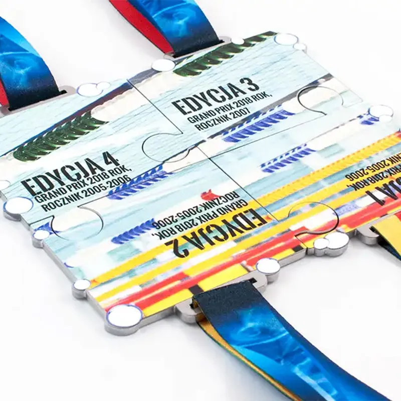 A duo of lanyards in various colors, each displaying a Puzzle Medal, perfect for events or identification.