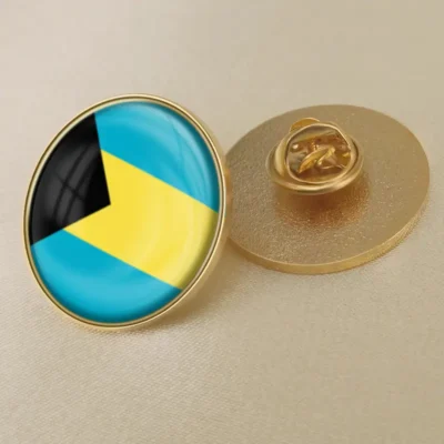 Bahamas flag pin badge showcasing vibrant colors, ideal for wholesale distribution and patriotic displays.