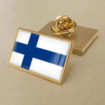 Finland flag lapel pin showcasing the national colors, ideal for wholesale distribution and patriotic displays.