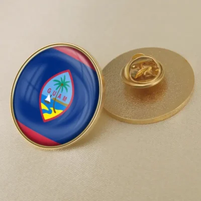 Guam flag displayed on a gold pin, representing the Republic of Guam, available through Wholesales Guam Flag Pins.