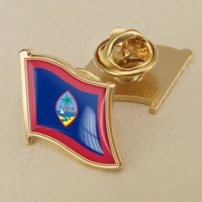 Guam flag displayed on a gold pin, representing the Republic of Guam, available through Wholesales Guam Flag Pins.