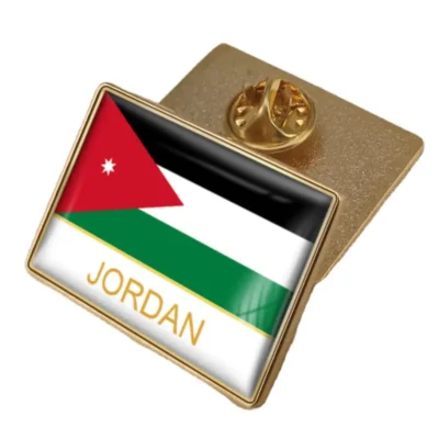 A lapel pin featuring the flag of Jordan, showcasing its vibrant colors and design for patriotic display.