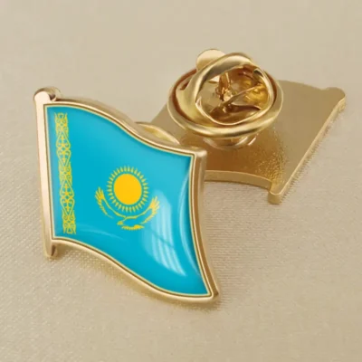 Gold and blue lapel pins featuring the Kazakhstan flag, ideal for wholesale distribution.