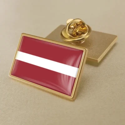 Latvia flag lapel pin showcasing vibrant colors, ideal for wholesale distribution and patriotic displays.