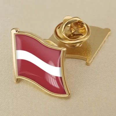 Latvia flag lapel pin showcasing vibrant colors, ideal for wholesale distribution and patriotic displays.