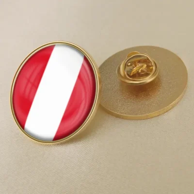 Peru flag lapel pin showcasing vibrant colors, ideal for wholesale distribution and patriotic displays.