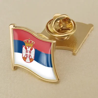 Serbia flag lapel pin showcasing vibrant colors, ideal for wholesale distribution and patriotic displays.