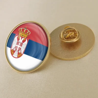 Serbia flag lapel pin showcasing vibrant colors, ideal for wholesale distribution and patriotic displays.