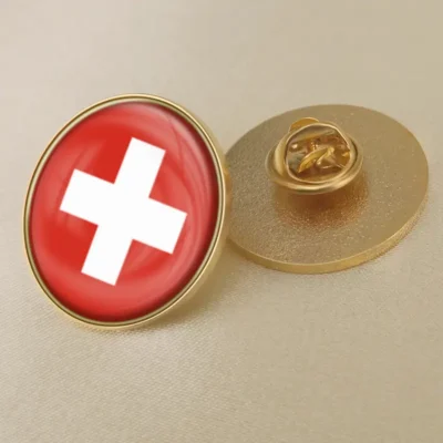 Swiss flag lapel pin showcasing vibrant colors, ideal for wholesale distribution and patriotic displays.