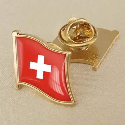 Swiss flag lapel pin showcasing vibrant colors, ideal for wholesale distribution and patriotic displays.