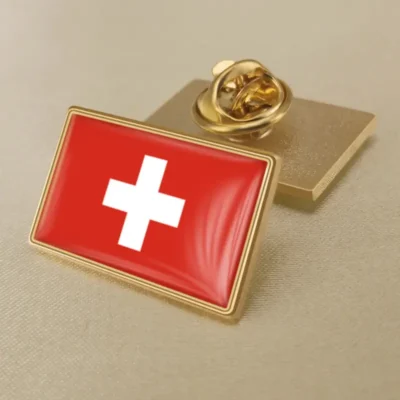 Swiss flag lapel pin showcasing vibrant colors, ideal for wholesale distribution and patriotic displays.