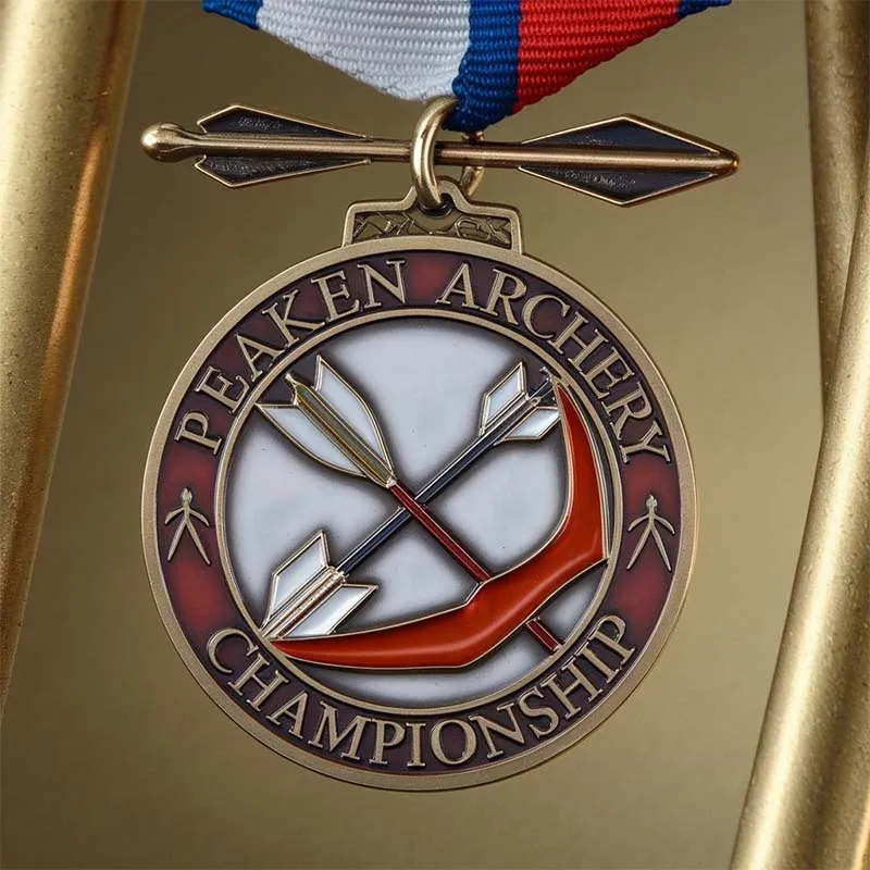 Custom medal featuring the inscription "Peakeen Archery Championship" for archery competition recognition.